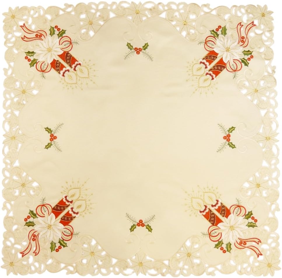Christmas Tablecloth accessories - Square 33.38" (85cm) - Xmas Ecru Candles embroidery