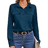 Syewan Soft Satin Silk Button Down Shirts with Pockets Ladies Long Sleeve Blouse Relaxed Fit Blouse Work Casual Dressy Tops