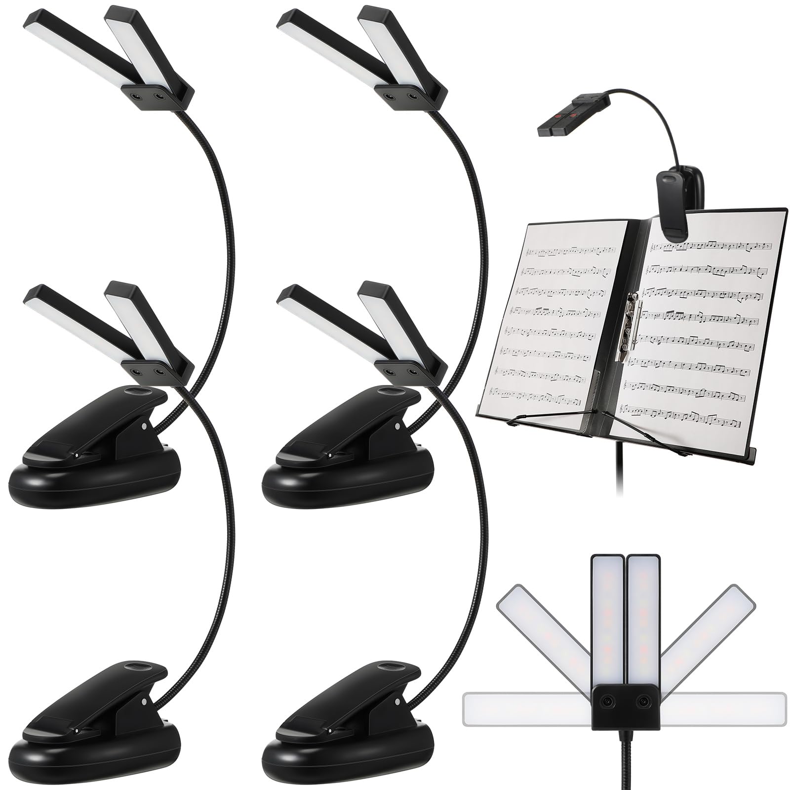 Photo 1 of Rossesay 4 Pcs Folding Clip on Book Lamp 18 LED Rechargeable Music Stand Piano Lamp 3 Colors Portable Piano Light Dual Arm Clip on LED Light for Orchestra USB and AAA Battery Operated (Not Included)