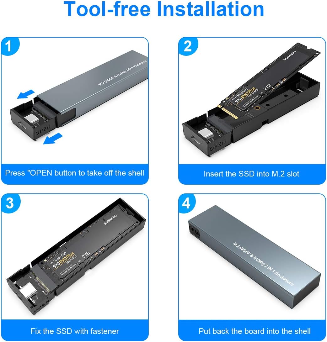 M.2 NVME and SATA SSD Enclosure Adapter, Tool Free Dual Protocol External Hard Disk Drive, Support USB 3.1 Gen 2 10Gbps NVME PCIe, 6Gbps SATA NGFF M-Key (B+M Key) for 2230 2242 2260 2280 SSDs: Computers & Accessories