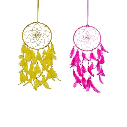 ILU Dreamcatcher Wall Hanging Handmade Beaded Circular Net Decoration Ornament Combo of 2 Size 16 cm Diameter (Yellow & Pink)