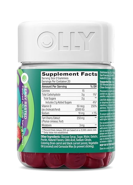 OLLY MUSCLE RECOVERY SLEEP GUMMIES, SLEEP AND SORE MUSCLE SUPPORT, 3MG MELATONIN, TART CHERRY, VITAMIN D, BERRY FLAVOR – 40 COUNT