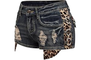 GORGLITTER Women's Leopard Distressed Jean Shorts Y2k Rhinestone Low Rise Punk Skinny Mini Shorts with Pockets