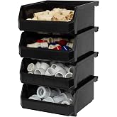 ReadySpace Medium-Wide Stackable Plastic Storage Bins, 4-Pack, Black | Open-Front Stackable Bins For Garage, Pantry, Closet &amp; Office, 11"L X 11"W X 5"H, Nests When Empty, Durable Plastic