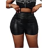 Verdusa Women's Ruched Faux Leather Mini Shorts High Waisted Booty Sexy Going Out Rave Shorts