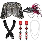 1920s Flapper Accessories Set Women Roaring 20s Accessories Red Feather Headpiece Necklace Earrings Long Gloves