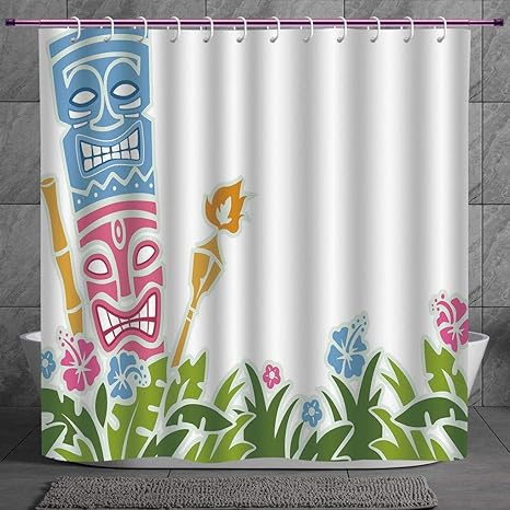 Polyester Shower Curtain 2 0 Tiki Bar Decor Statues Surrounded