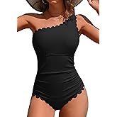 Charmo One Shoulder One Piece Swimsuit Women Ribbed Scalloped Bathing Suit Cutout 1 Piece Slimming Full Coverage Swim Suit