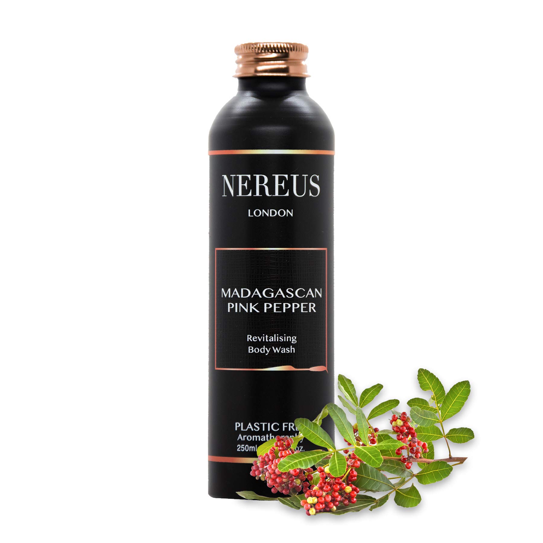 Nereus - Organic Luxury Bath & Shower Gel, Vegan, Plastic Free, with Revitalising Madagascan Pink Pepper and Fresh Ginger (250ml)