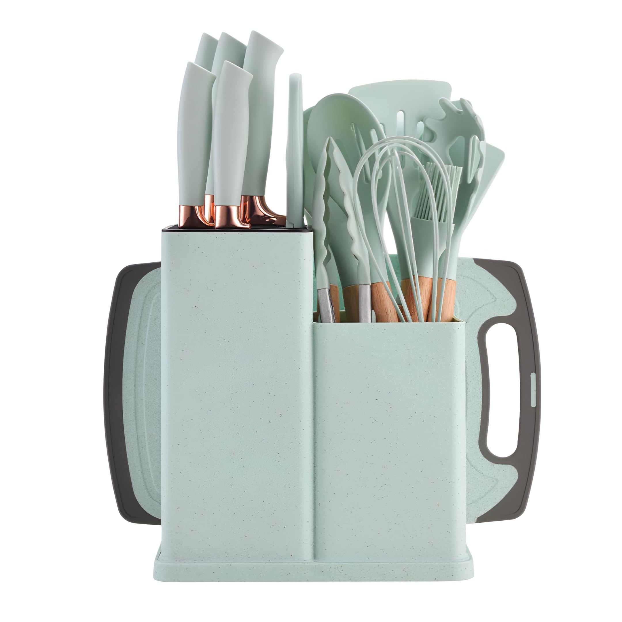 Photo 1 of 19-Piece Kitchen Utensil & Knife Block Set: 12 Non-Stick, Heat-Resistant Silicone Cooking Utensils (Spatula, Tongs, Ladle, Scissors) + 5 Sharp Kitchen Knives & Cutting Board(Green)