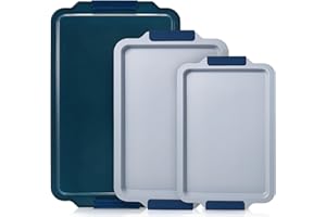BRONYPRO Non Stick Ceramic Baking Sheet Pan Set of 3, Natural Non Toxic Cookie Sheets for Baking - PFOA, PTFE Free, Heavy Duty Aluminized Steel Oven Trays for Cooking with Silicone Handles, Navy