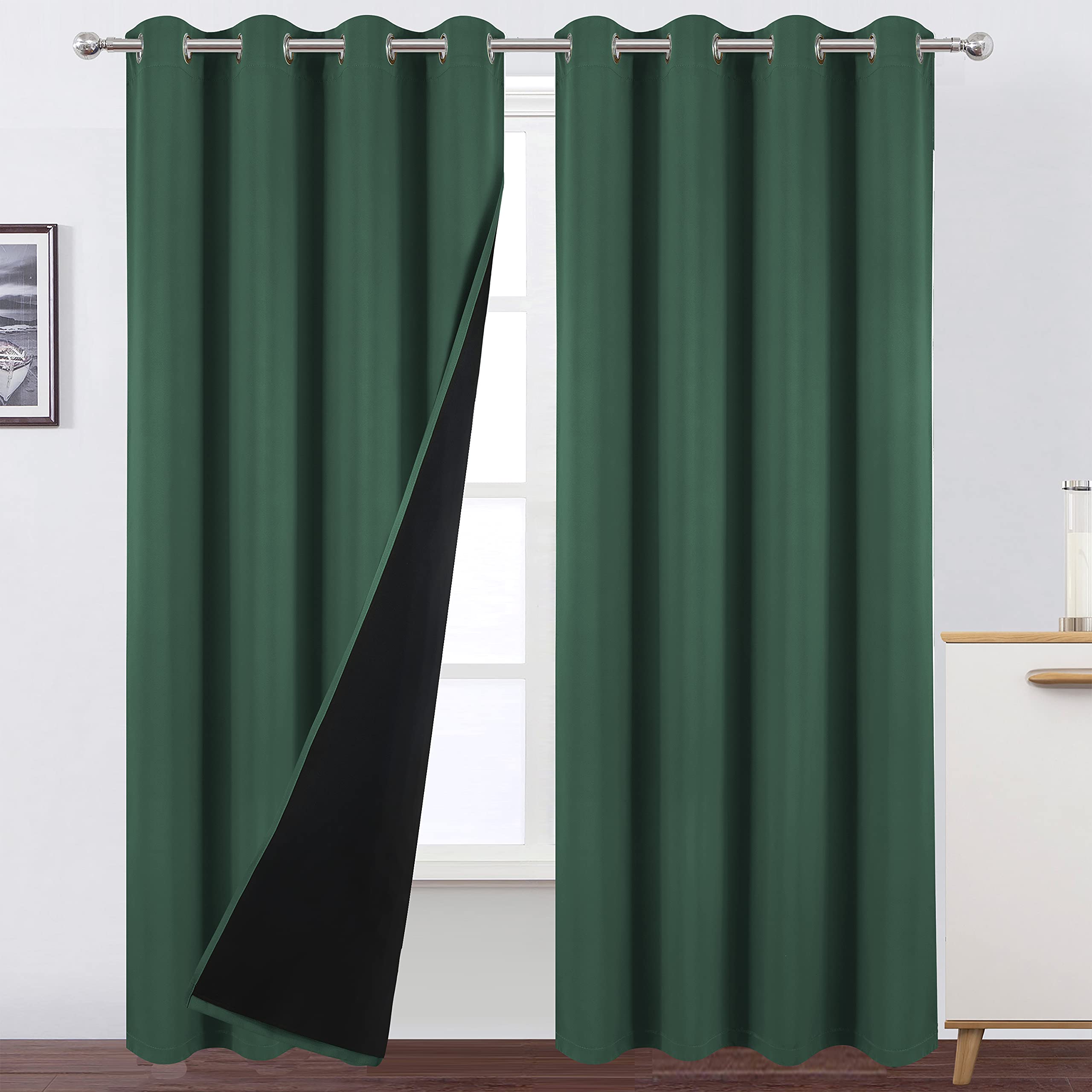 LEMOMO 100% Blackout Dark Green Curtains with Black Lining/52 x 84 Inch/Set of 2 Panels Thermal Insulated Room Darkening Curtains for Bedroom Image