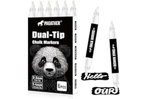 PAGATHER Liquid Dual Tip White Chalk Markers - 6 Pcs White Color Dry Erase Pens for Chalkboard, Plastic, Blackboard, Glass, Include Fine Tip and Chisel Tip with 8 Chalkboard Label Stickers