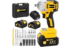 JEXUGK 21V Compact Cordless Impact Wrench Set, 1/2" 450Ft-lbs (600Nm) Power Impact Gun Kit, Brushless 3600RPM, 2 x 4.0Ah Batteries & Fast Charger & 5 Sockets, Pistola De Impacto for Car Home (600N)
