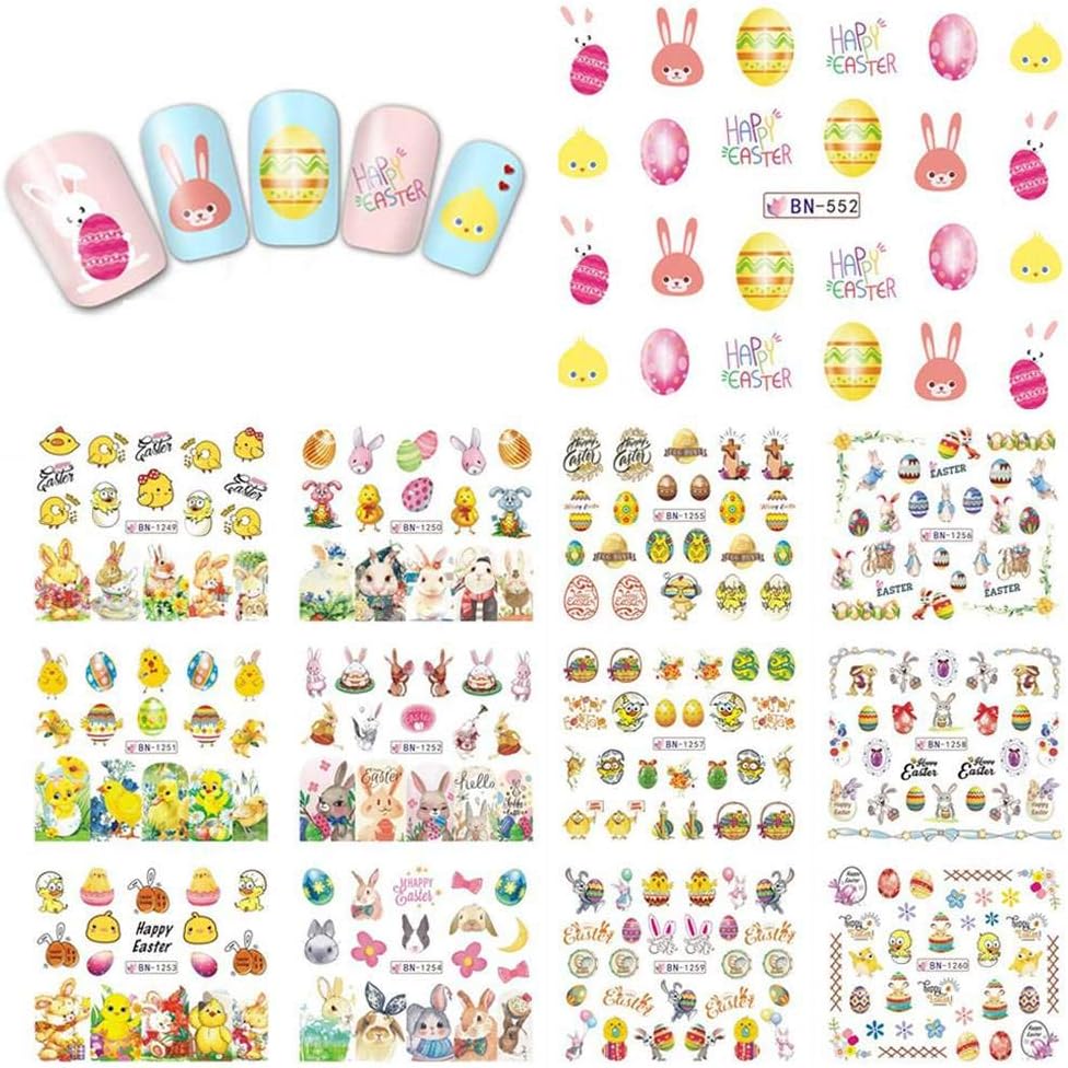 Easter Nail Art Decals Stickers Nail Rhinestones Butterfly Nail Art Bunny Easter Egg Chick Nail Design Stickers Water Transfer Cartoon Pattern Designs For Women Girls Kids, 1 Large Sheets (12 Pcs)