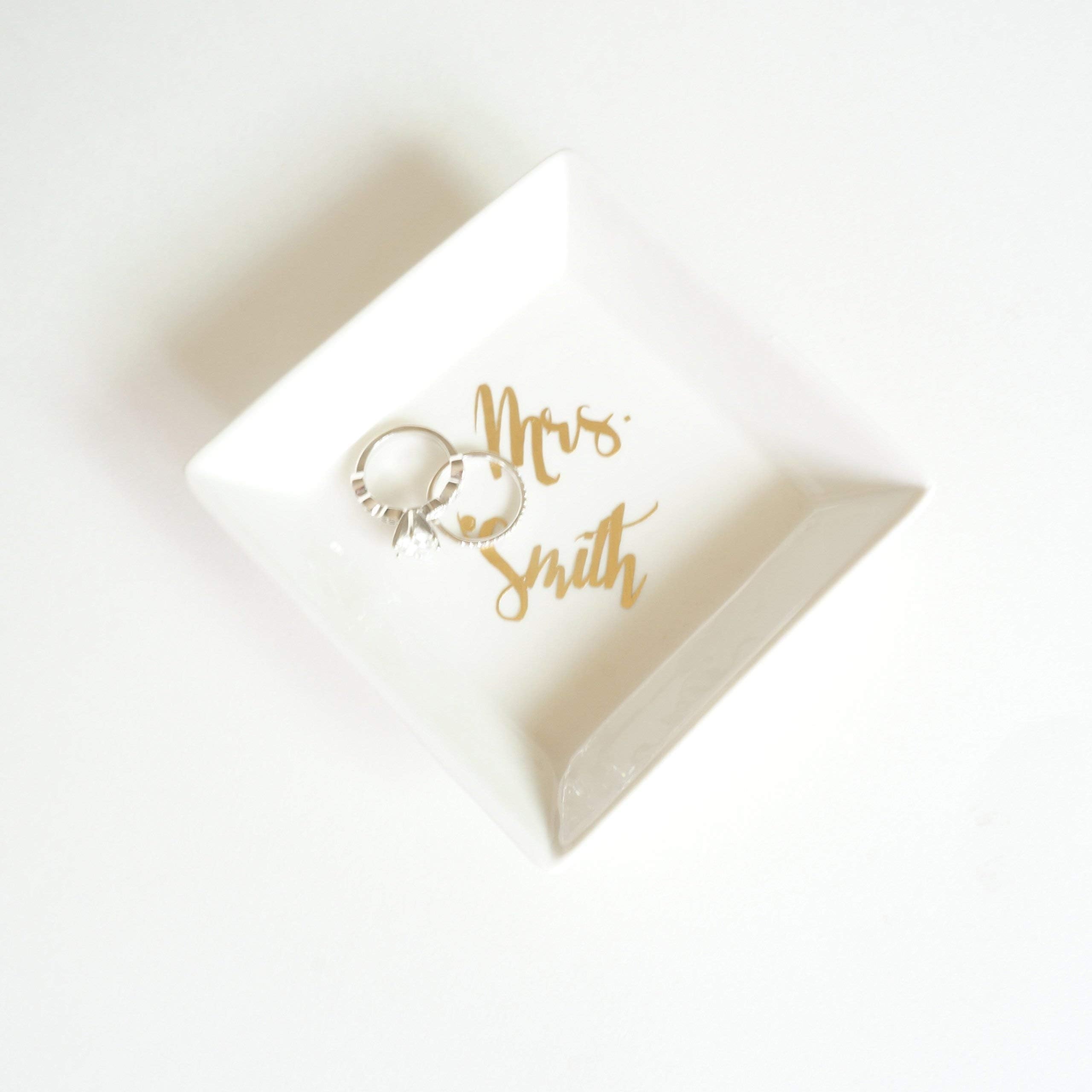 Custom Ceramic White and Gold Foil Jewelry Holder Square Ring Dish, Jewelry Ring Holder Box Tray, Unique Engagement Wedding Bridal Shower Bachelorette Gift Personalized Mrs Name Gift