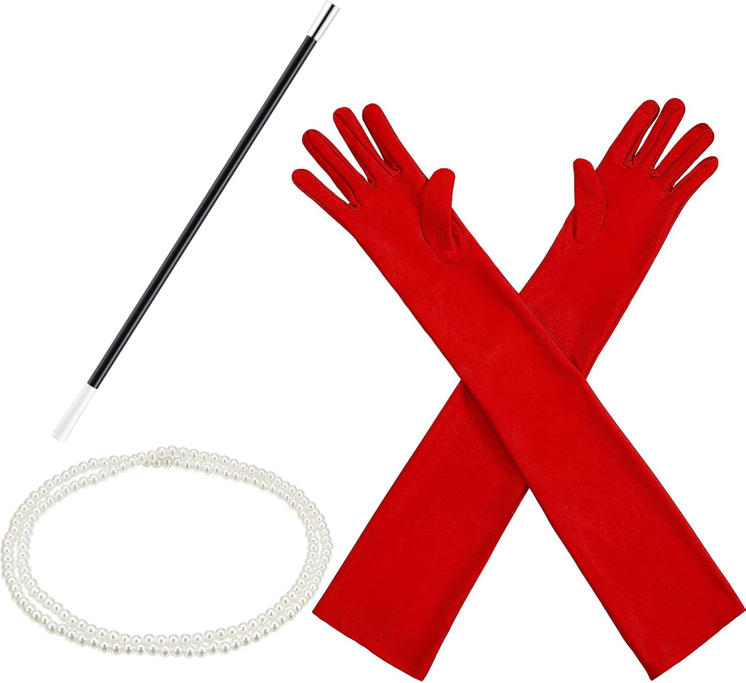 1920s Accessories Costume Fancy Dress Plastic Holder Pearl Beads Long Gloves Set (Red): Clothing