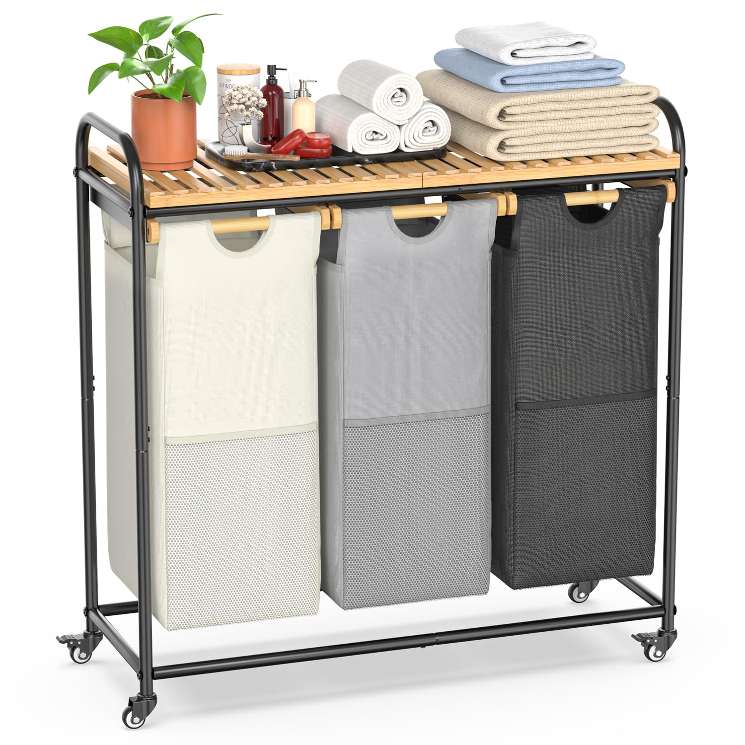 Photo 1 of Laundry Hampers 3 Section, Laundry Sorter with Removable Shelf and Pull-Out Bags, Clothes Hampers with Wheels Rolling Cart Basket for Laundry Room Bathroom, 3 x 40 L (Black White Gray)