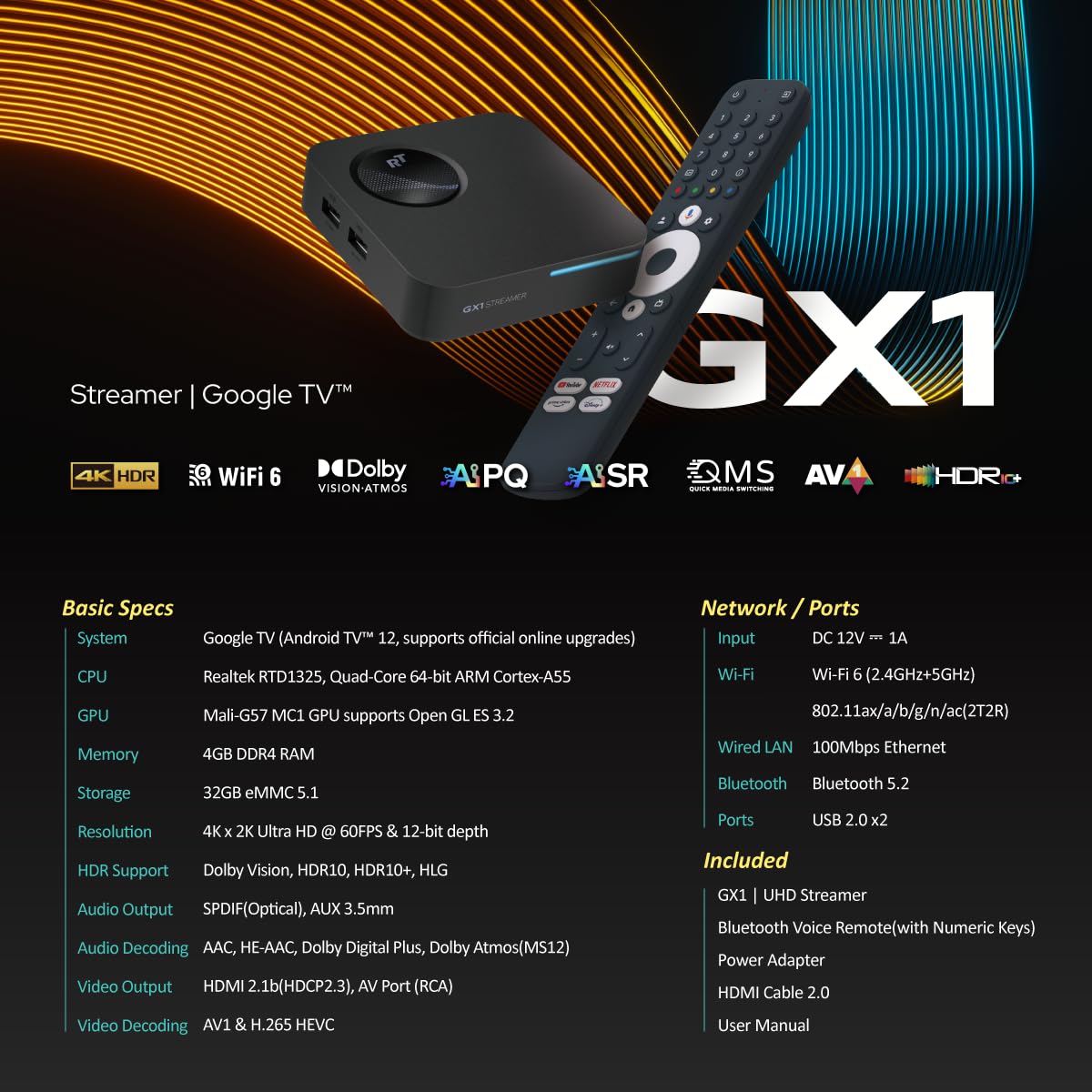 RockTek GX1 UHD Streamer - Google TV 4K UHD Streaming Player, HDR, Dolby Vision & Atmos, Wifi6 - AISR, AIPQ, QMS - Realtek RTD1325 Chip - Voice Remote, Live TV, Google Cast, Smart Home Control