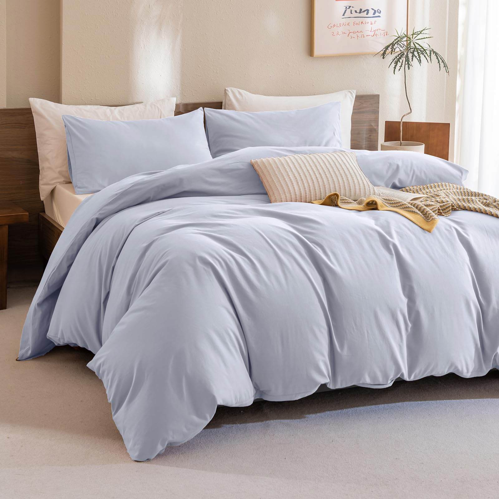 Photo 1 of Sanracie King Comforter Set, Cotton Linen Feel Textured Comforter Set Cornflower Blue, Simple King Bedding Set 3pcs(1 Aesthetic Solid Comforter + 2 Pillowcases) Soft