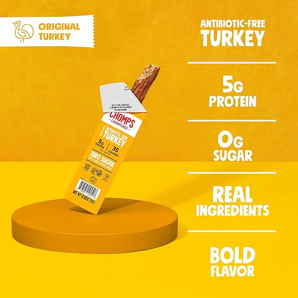 CHOMPS SNACK SIZE ORIGINAL TURKEY JERKY MEAT SNACK STICKS, ABF TURKEY, KETO, PALEO, WHOLE30 APPROVED, LOW CARB, HIGH PROTEIN, GLUTEN FREE, SUGAR FREE, NITRATE FREE, 35 CALORIES 0.5 OZ STICKS, ORIGINAL TURKEY 24 PACK