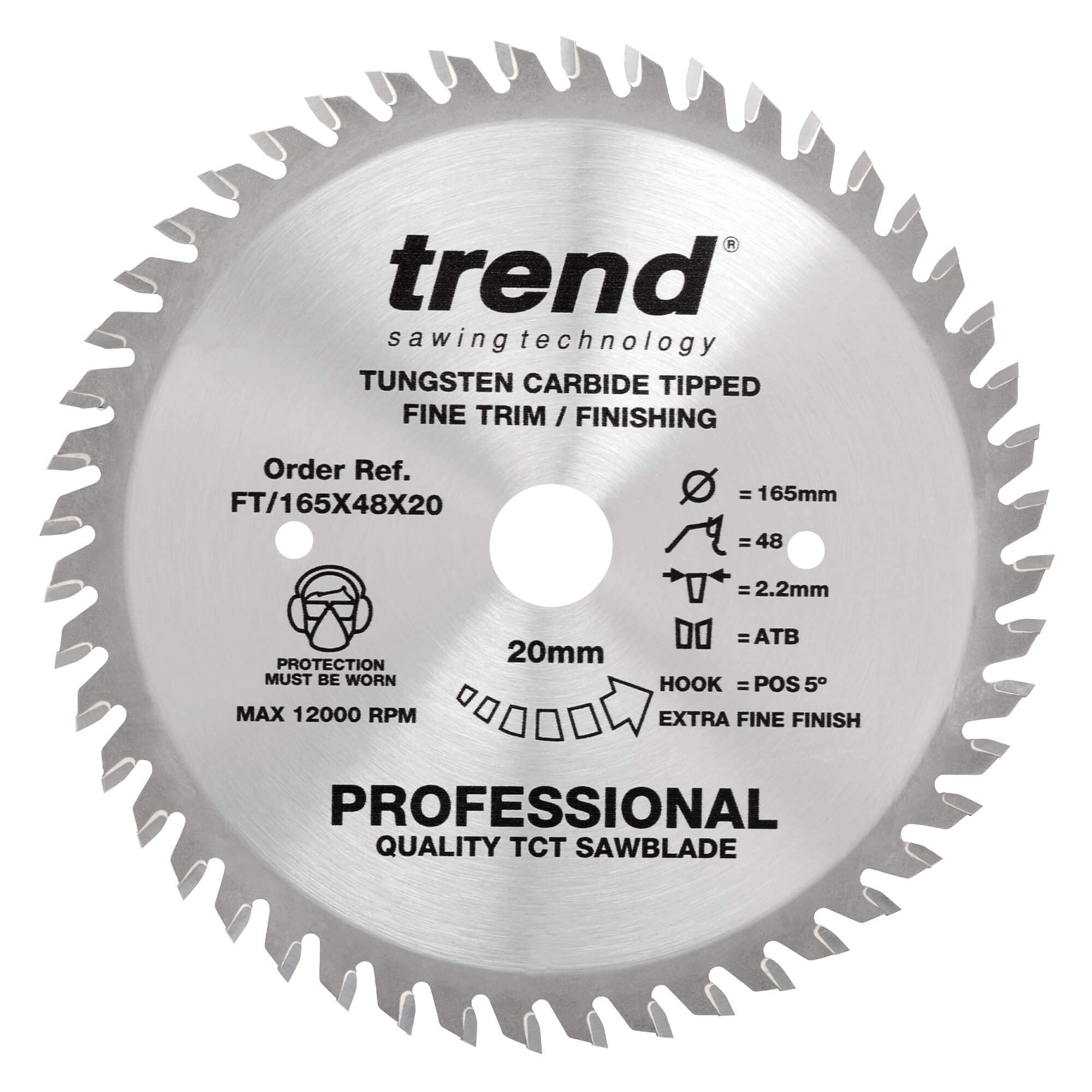 Trend Wood Circular Saw Blade, 165mm Diameter, 20mm Bore, 48 Teeth, 2.2mm Kerf, +5° Hook, TCT, Extra-Fine Finish, FT/165X48X20