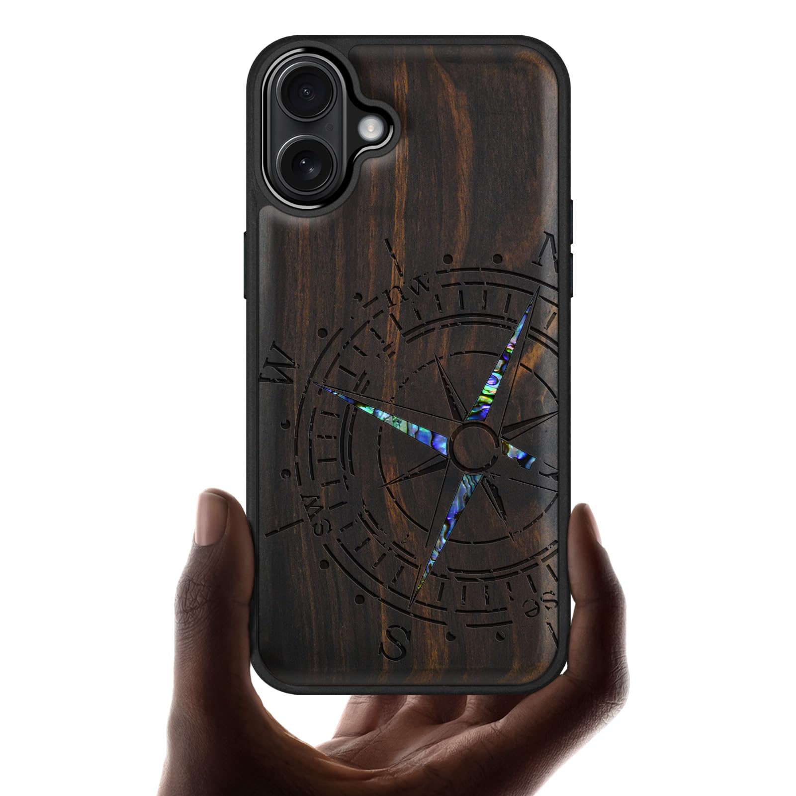 Photo 1 of Carveit Magnetic Case for iPhone 16 Plus Case, Wood Artisan Engraved & Handmade Shell Inlaid, TPU Shockproof Cover, Compatible with MagSafe Wireless Chargers (Incomplete Compass) Blackwood