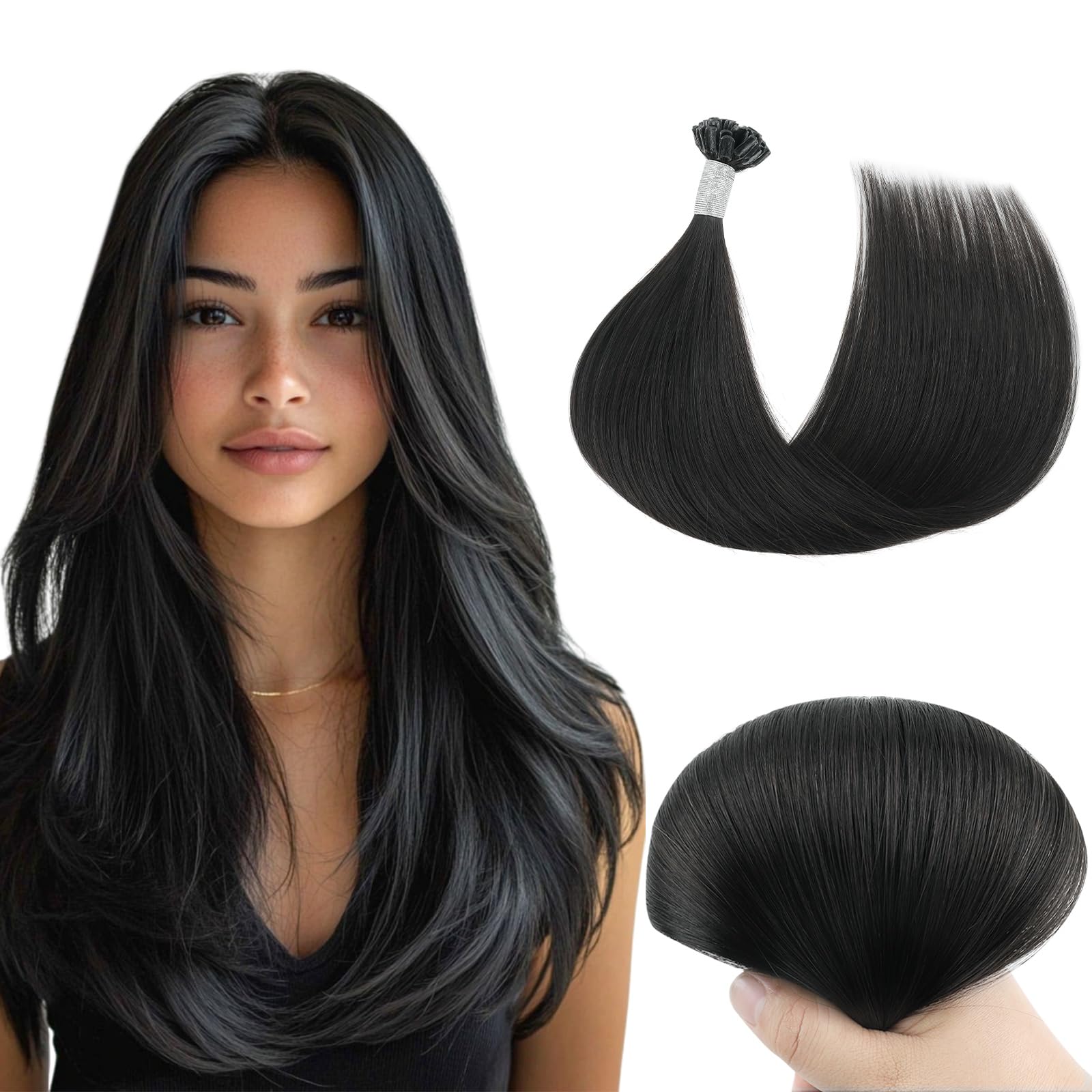 Yuniffe U Tip Hair Extensions Real Human Hair Extensions U Tip Hot Fusion Hair Extensions Remy Straight Hair Extensions Nail Tip Keratin Real Hair Extensions Jet Black 14 inch 50g/50s