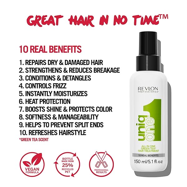 REVLON PROFESSIONAL UNIQONE HAIR TREATMENT, MOISTURIZING LEAVE-IN PRODUCT, REPAIR FOR DRY AND DAMAGED HAIR, PROMOTES HEALTHY HAIR, GREEN TEA FRAGRANCE, 5.1 FL OZ (PACK OF 1)