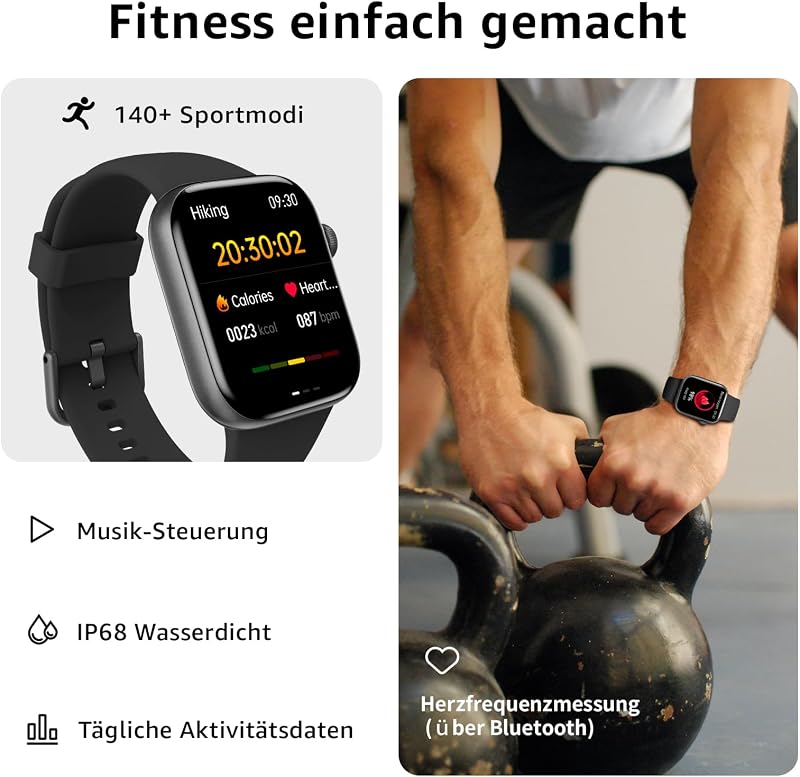Smartwatch Damen Herren, 1,85" HD Touch Fitnessuhr mit Telefonfunktion, 140+Sportmodi Smart Watch Fitness Tracker mit Pulsmesser Schlafmonitor Schrittzähler,IP68 Fitnessuhr für iOS Schwarz