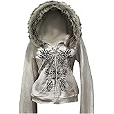 RoseSeek Women's Faux Fur Graphic Zip Up Hoodie Long Sleeve Sweatshirts Outerwear Y2K Goth Clothes