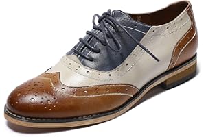 Mona flying Womens Leather Flat Oxfords Shoes for Women Perforated Lace-up Wingtip Vintage Brogues Shoes