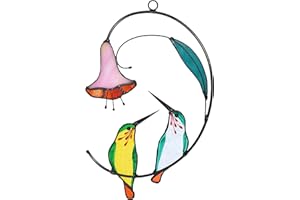 Lolitarcrafts Hummingbird with Flower Stained Glass Suncatcher Bird Stained Glass Window Hangings Hummingbird Gift for Home Decor (Green 1 Pair)