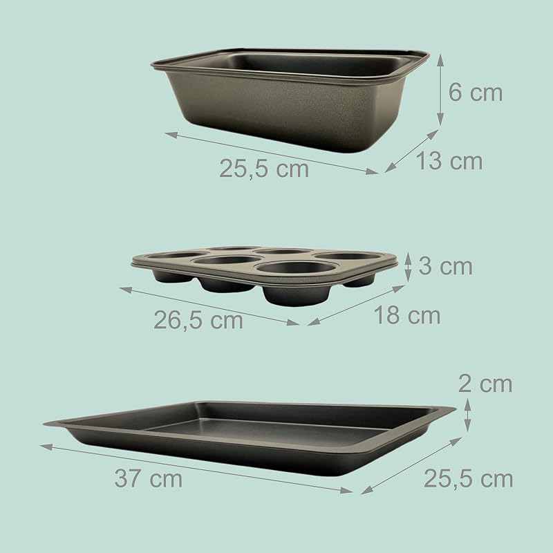 Set 3 pz: Muffin, plumcake, teglia; Antiaderente, Acciaio al Carbonio, 230°C, Grigio