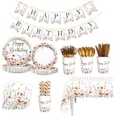 194Pcs Wildflower Birthday Decorations for Girls，Wildflower Theme Floral Happy Birthday Decorations Includes Plates, Cup, Napkin, Tablecloth for Floral Girls Disposable Tableware Decor Serve 24 Guests