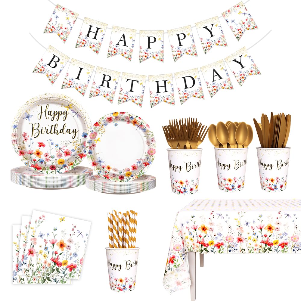Photo 1 of 194Pcs Wildflower Birthday Decorations for Girls?Wildflower Theme Floral Happy Birthday Decorations Includes Plates, Cup, Napkin, Tablecloth for Floral Girls Disposable Tableware Decor Serve 24 Guests