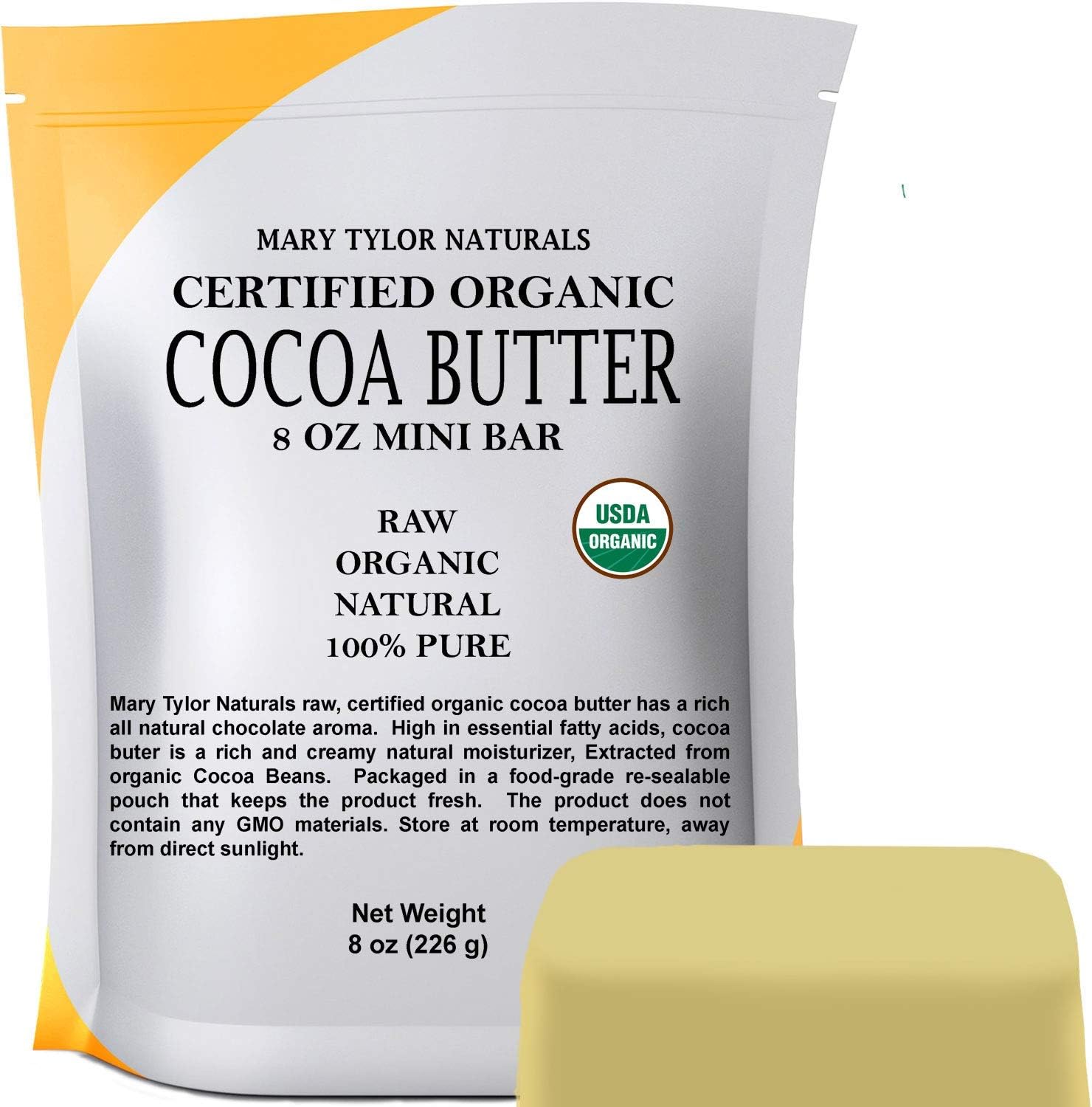 Organic Cocoa Butter (8 oz), USDA Certified by Mary Tylor Naturals Raw Unrefined, Non-Deodorized, Rich In Antioxidants, For DIY Recipes, Lip Balms, Lotions, Creams, Stretch Marks