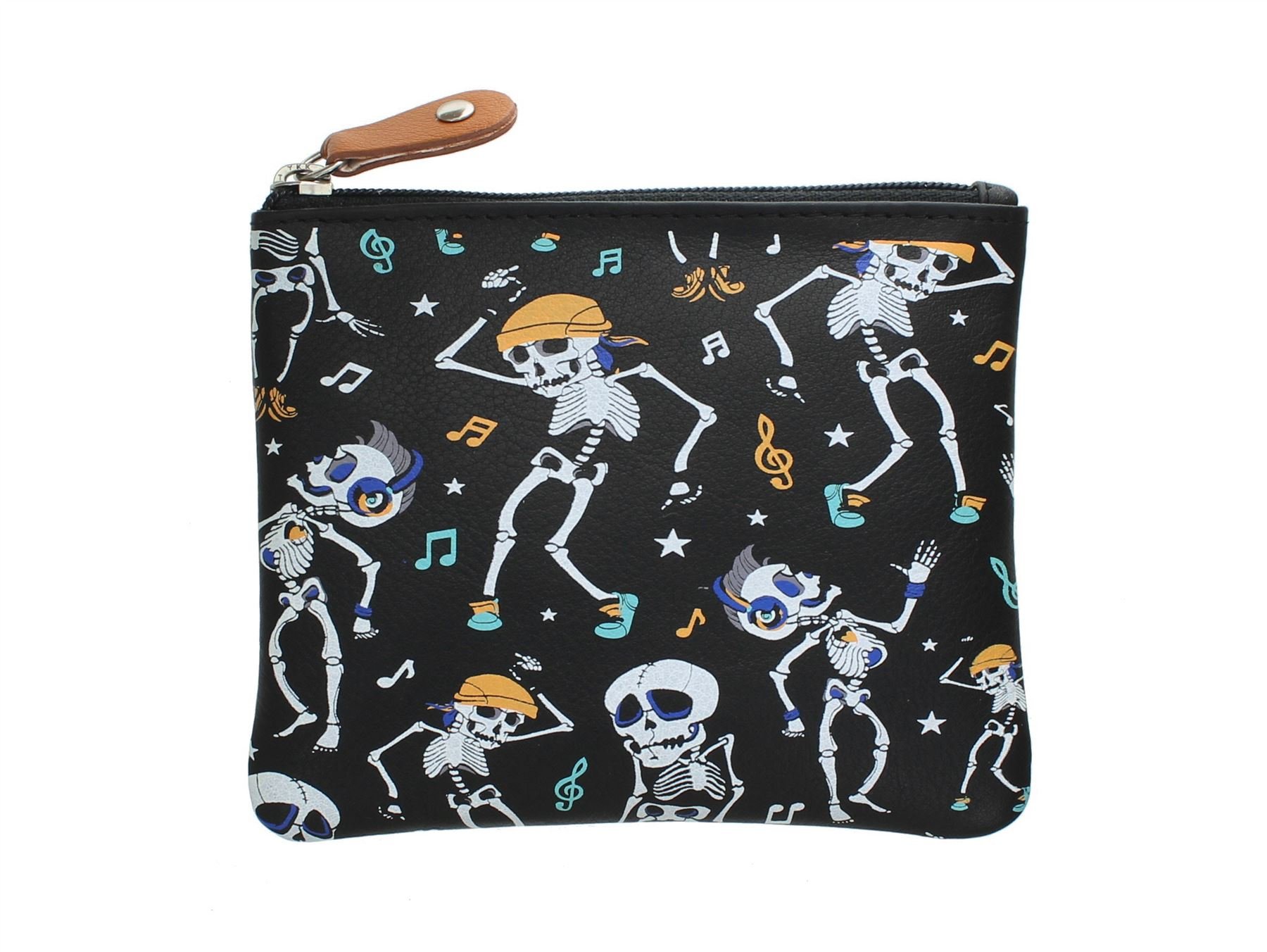 Mala Leather Dancing Skeleton Printed Leather Coin Purse with Keyring 4172_11 Black