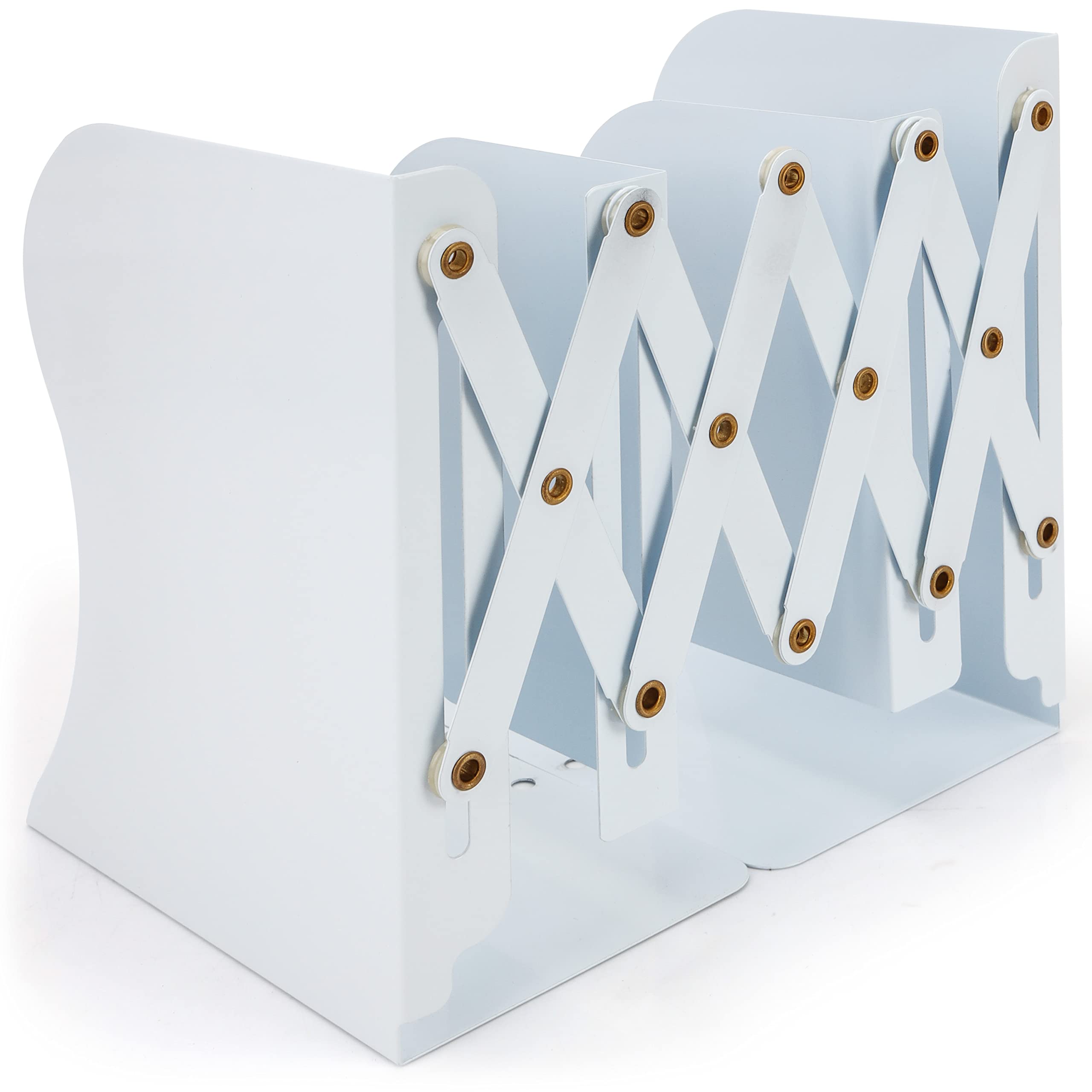 Belle Vous Adjustable White Metal Heavy-Duty Bookends - Extendable up to 41cm/16.14 Inches Anti-Slip Non-Skid Book Stopper Support For Books, CDs, Shelves, Office, Library, Home and School