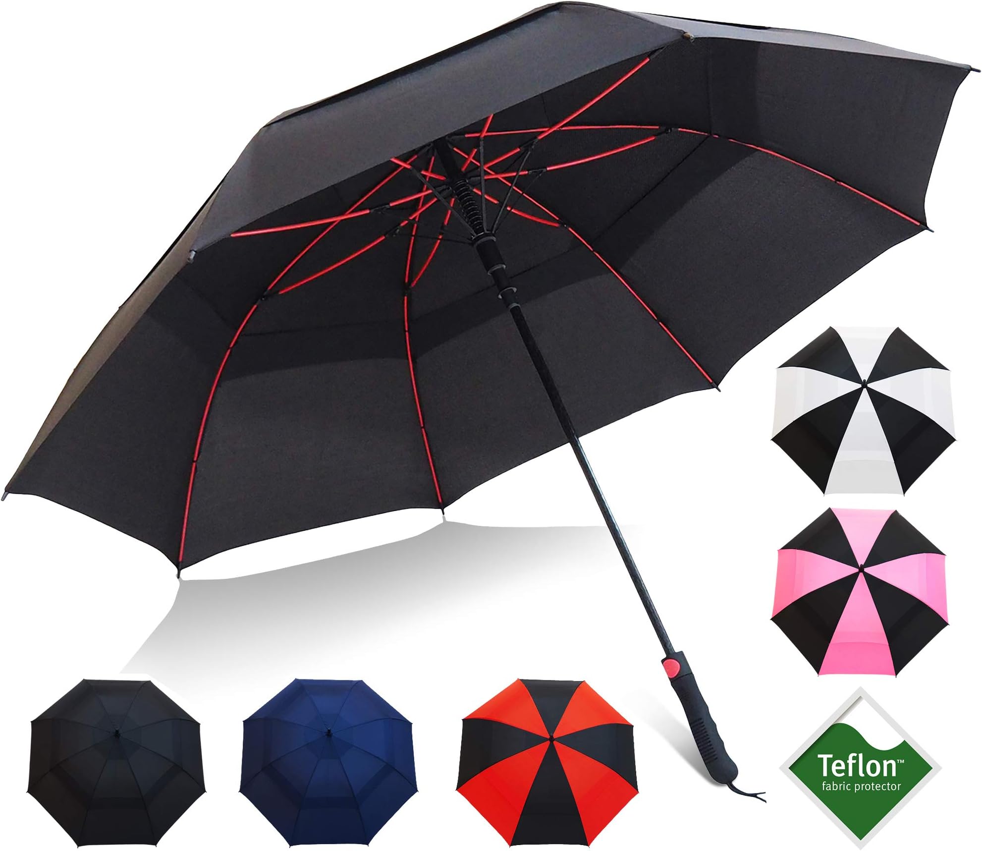 Repel Golf Umbrella with Triple Layered Reinforced Fiberglass Ribs Adorned in Red Paint, 60" Vented Double Canopy with Teflon Coating, Auto Open