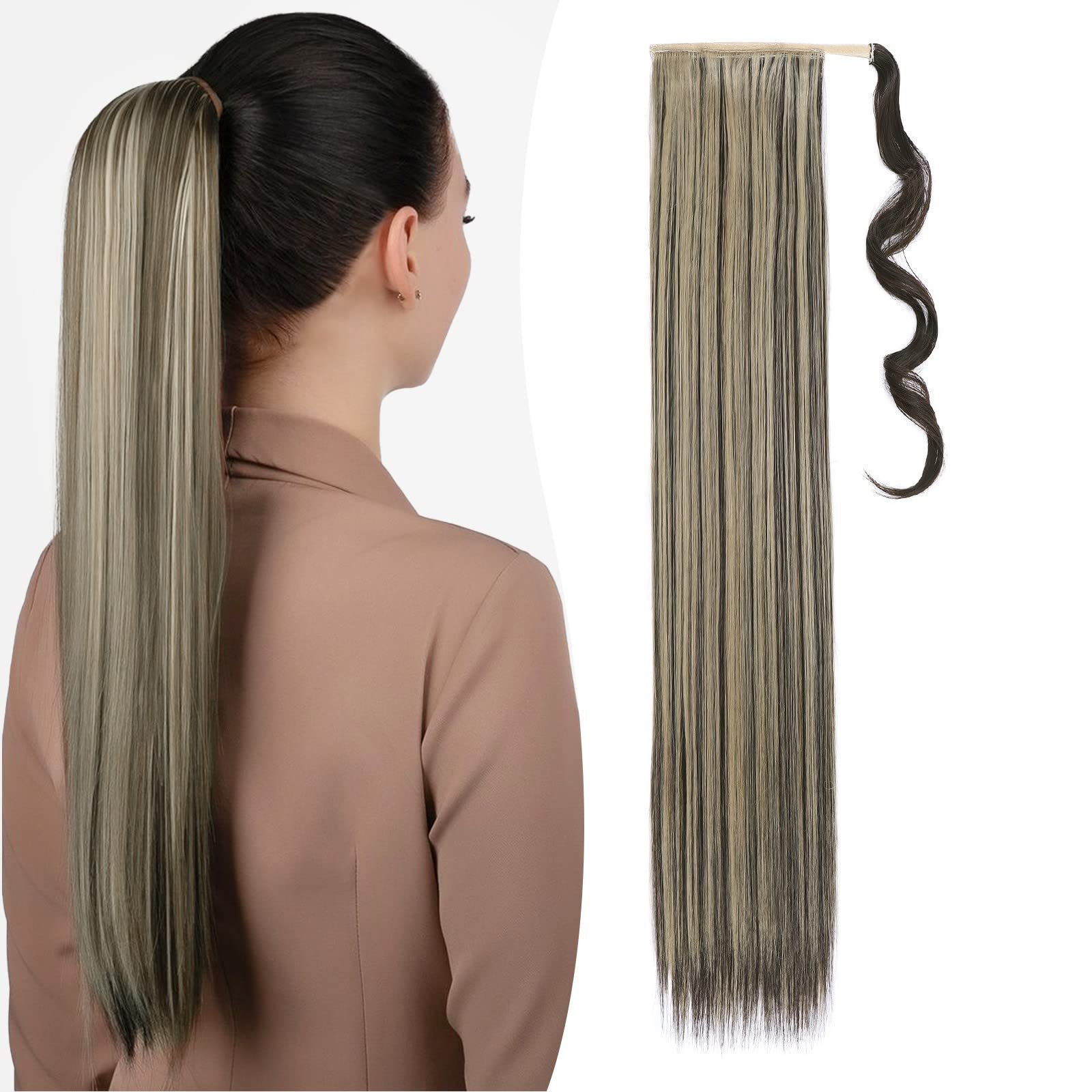 Benehair Ponytail Extension 32 Inches Long Wrap Around Ponytail Hair Extension Straight Synthetic Braid Extensions Clip in Hairpiece for Women Goln Brown & Light Blon — image 1