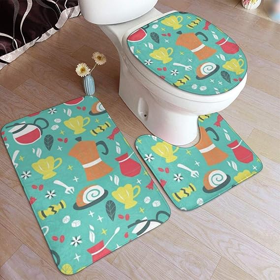 3-teiliges Badematten-Set, WC-Deckelbezug, Hintergrund mit Kaffeetassen
