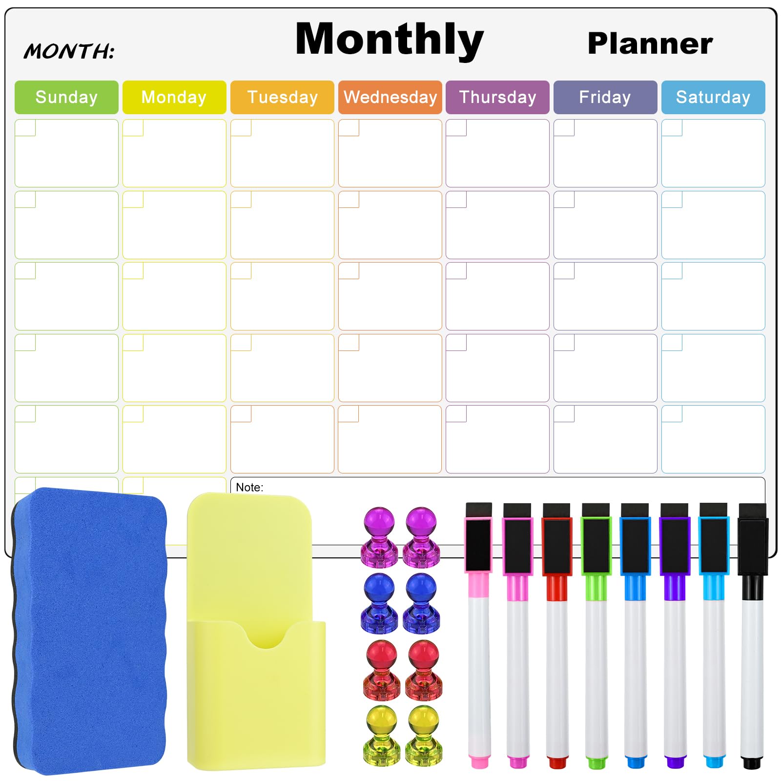 2024 Monthly Planner, A3 Magnetic Whiteboard Calendar Set Fridge Calendar with 10 Stickers 1 Dry Wipe Eraser 8 Whiteboard Pens, Dry Erase Monthly Chores Chart for Kids Adult