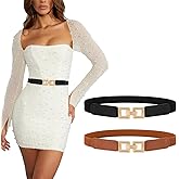 XZQTIVE 2 Pack Women Skinny Stretchy Cinch Belt for Dresses, Thin Elastic Belt Ladies Waist Belt with Retro Gold Buckle