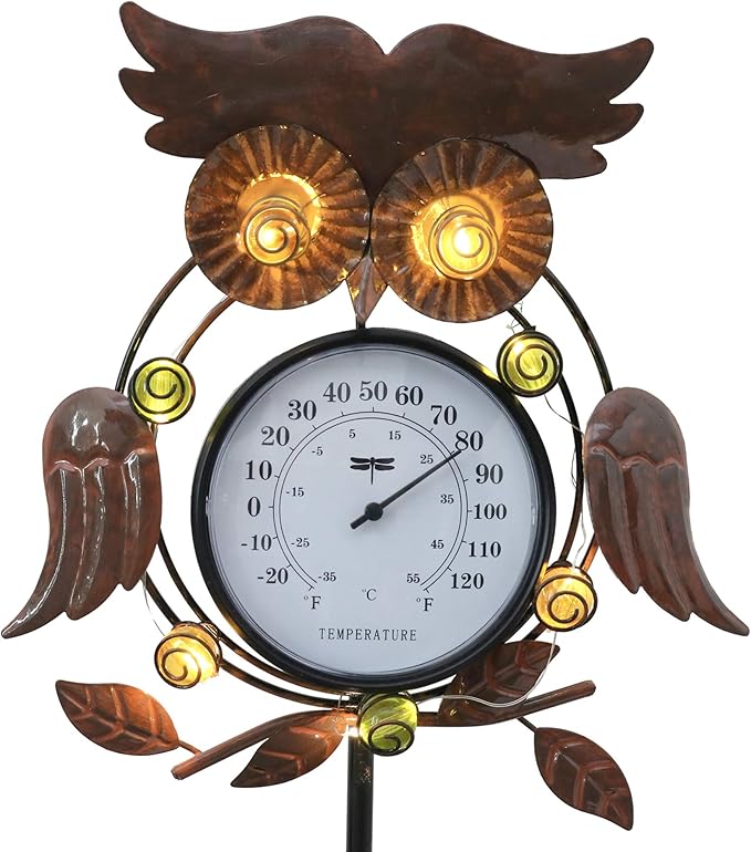 TERESA'S COLLECTIONS Metall Eule Gartenfiguren mit Thermometer Garten