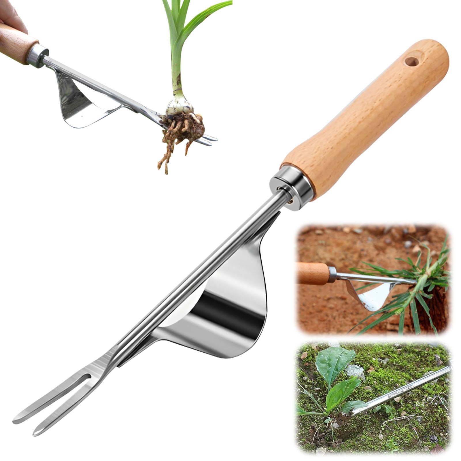 Generisch Unkrautentferner Länge 30cm, 2026 Neu Wurzeljäter mit Holzgriff, Unkrautstecher Edelstahl, 2-in-1 Unkrautrechen und Gartenhacke, Garden Hand Weeder zum Graben, Jäten, Lösen (1PC)