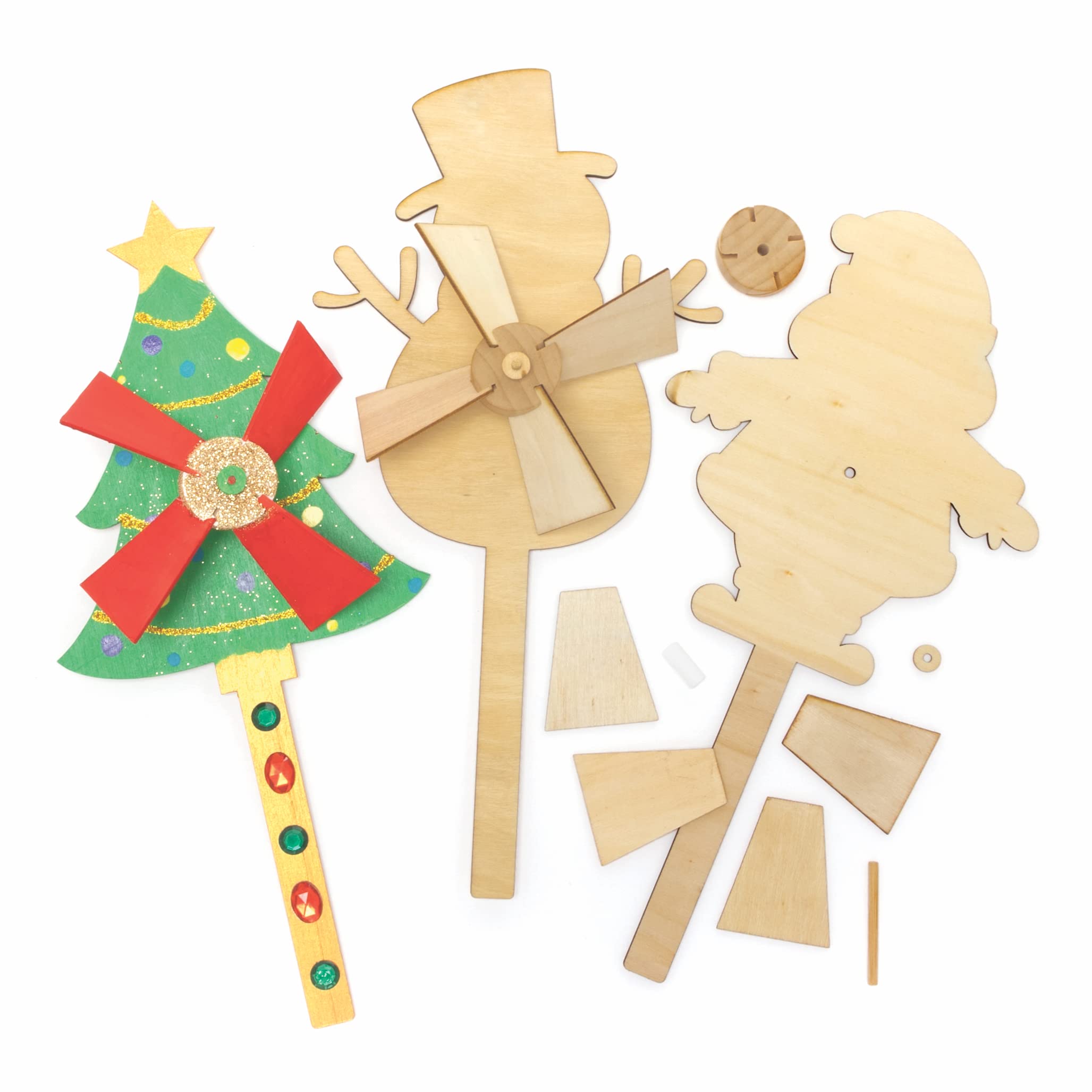 Baker Ross FC209 Christmas Wooden Windmill Kits - Pack of 4, Windmills for Garden, Make Your Own Wind Spinner, Wooden Crafts for Children to Make, Decorate and Display