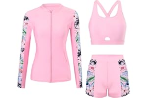 FEOYA Women 3 Piece Swim Rash Guard Long Sleeve Bathing Suit with Bra Top Shorts Swimsuit Set Sun Protection Swimwear