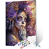 Tucocoo Day of The Dead Fantasy Sugar Skull Woman Paint by Numbers Purple Roses Skeleton Elegant Girl Paint by Number Kit for Adult, with Brushes and Acrylic Pigment 16''W X 20''H （Without Frame）