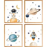 BearCake Space Wall Decor, Space Decor for Boys Room, Solar System Spaceman Outer Poster Prints Wall Art Decor for Classroom,Toddler Boy Room Decor, 8x10 Inches Set of 4 Unframed